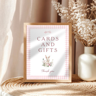 Affiche Enseigne de table Fête de Bébé Rose Gingham Lapin