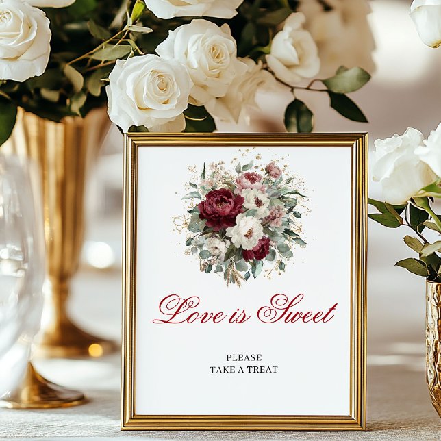 Affiche Enseigne de table Romantique Burgundy Love is Swee (Romantic Blush Burgundy Love is Sweet Table Sign)