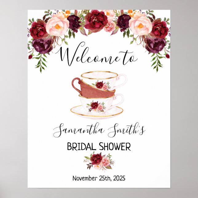 Affiche Enseigne de thé de bienvenue shower mariée marsala (Devant)