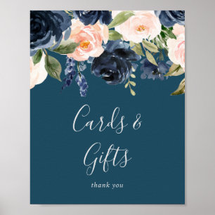 Affiche Enseigne Fleurs Roses et Bleu Navy Cartes et Cadea