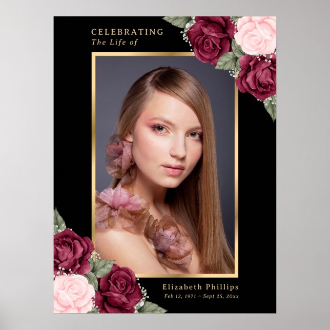 Affiche Enseigne funéraire photo florale rouge or noir (Devant)