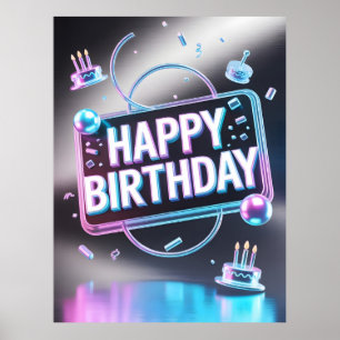 Affiche Enseigne néon 3D "Joyeux Anniversaire" futuriste