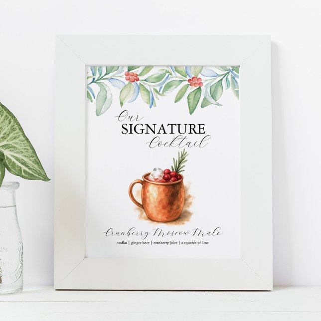 Affiche Enseignes de bar à cocktails de signature de Noël (Signature cocktail bar sign watercolor cranberry moscow mule by Do Tell A Belle)