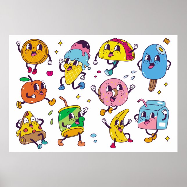 Affiche Ensemble de nourriture et de boisson dans le style (Devant)