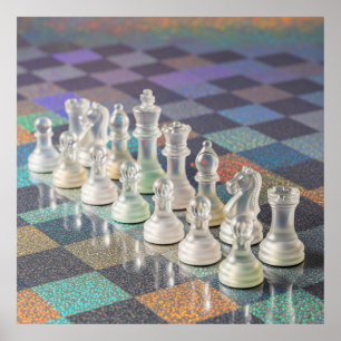 Affiche Ensemble d'échecs en verre avec échiquier réfléchi
