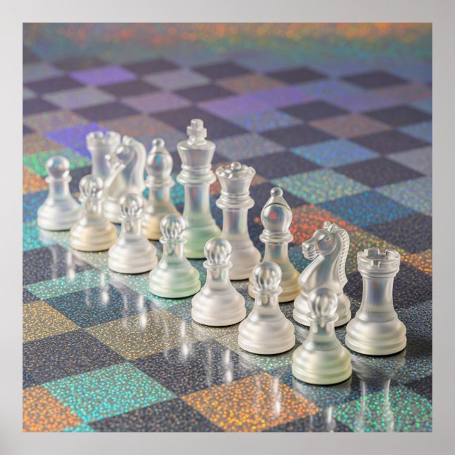 Affiche Ensemble d'échecs en verre avec échiquier réfléchi (Devant)