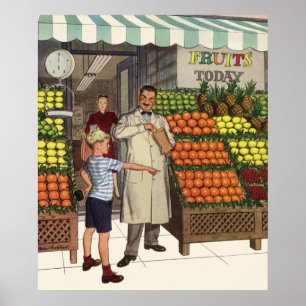 Affiche Entreprise de vintage, stand de fruits avec épicie