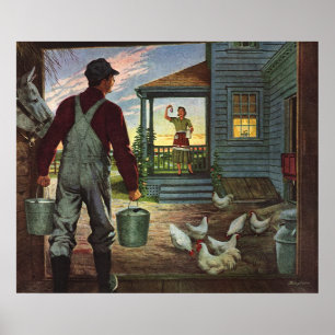 Affiche Entreprise Vintage, Ferme avec Agriculteur et Poul