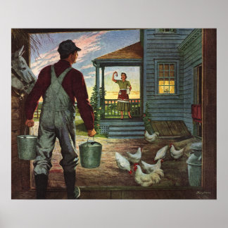 Affiche Entreprise Vintage, Ferme avec Agriculteur et Poul