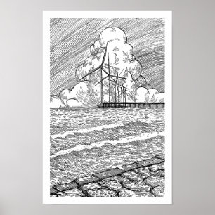 Affiche Éoliennes Océan Dessin à l'Encre