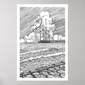Affiche Éoliennes Océan Dessin à l'Encre