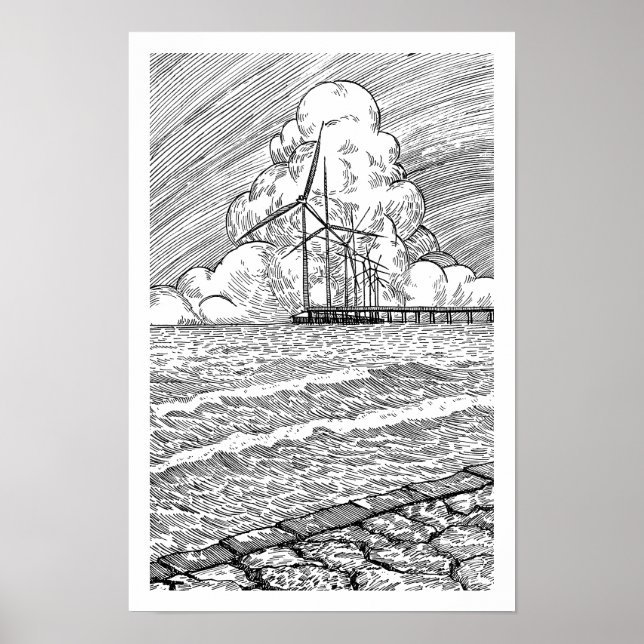 Affiche Éoliennes Océan Dessin à l'Encre (Devant)