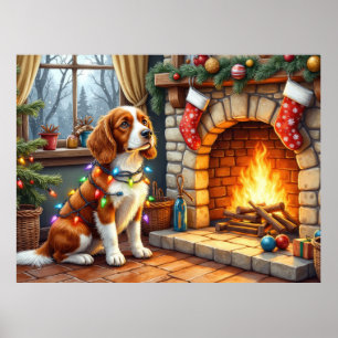 Affiche Épagneul breton cheminée avec lumières de Noël