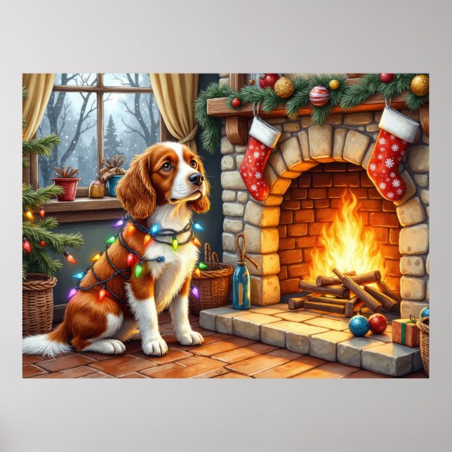 Affiche Épagneul breton cheminée avec lumières de Noël (Devant)