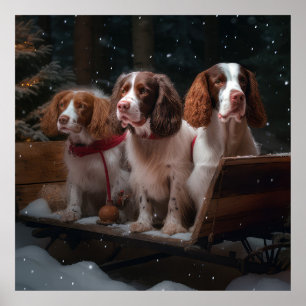 Affiche Épagneul Breton Traîneau enneigé Décor de Noël
