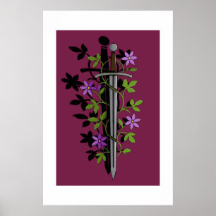 Affiche Épée & Clématite – Lame Florale Médiévale