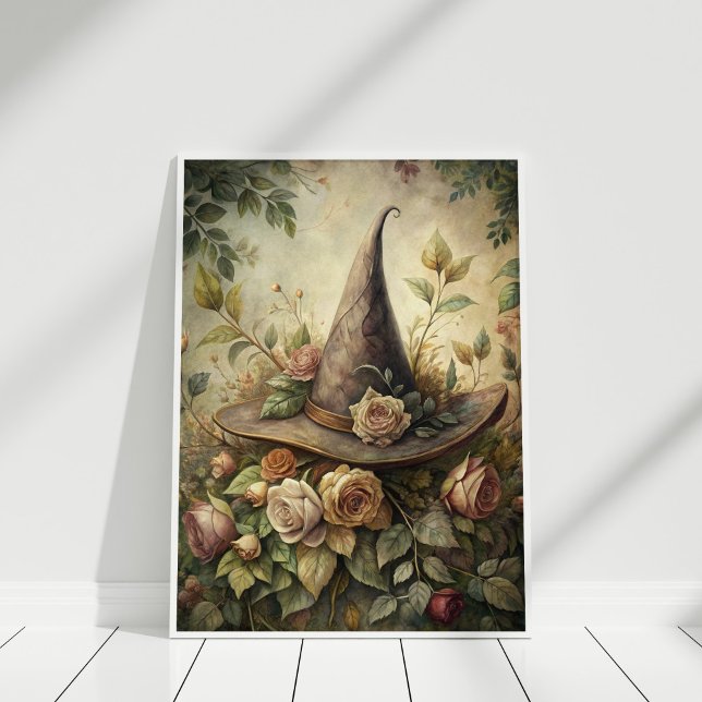Affiche Éperon de Herbe et de Fleurs - Boho Witch Casquett (Herb and Flowers Spell – Boho Witch Hat Wall Art in a white frame.)