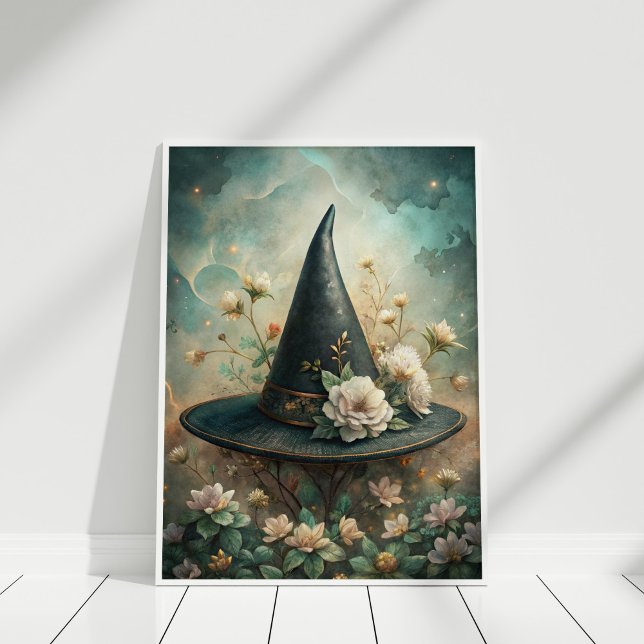 Affiche Éperon de minuit - Boho Witch Casquette Wall Art (Midnight Spell – Boho Witch Hat Wall Art in a white frame)