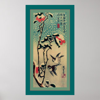 Affiche Éperviers et Camellia en Neige ~ Japonais Vintage