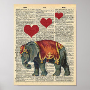 Affiche Ephant de cirque vintage & coeurs sur dictionnaire