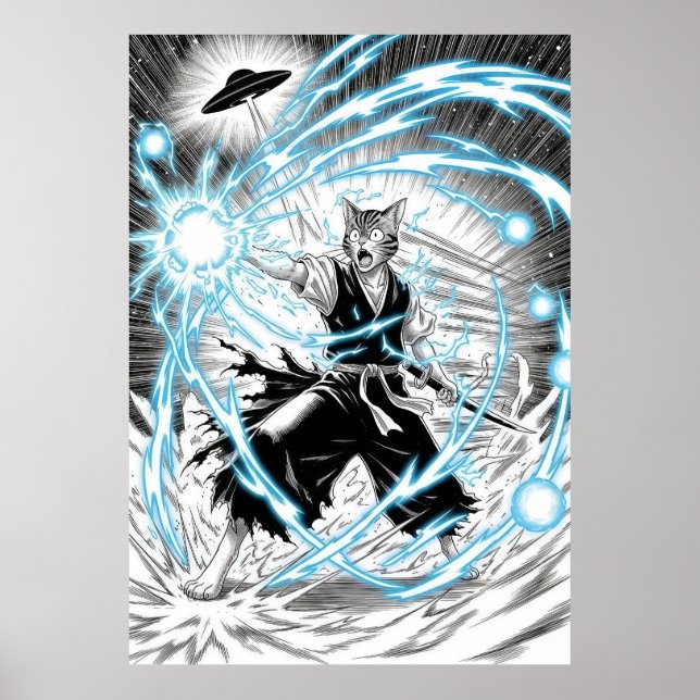 Affiche Epic Manga Style Cat Warrior Energy Blast UFO (Devant)