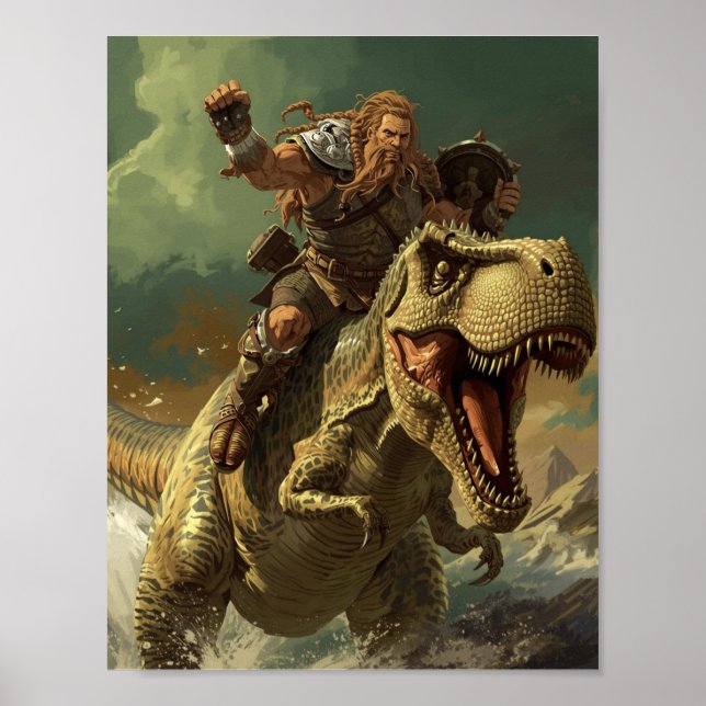Affiche Epic Viking Warrior Riding a Roaring T-Rex (Devant)