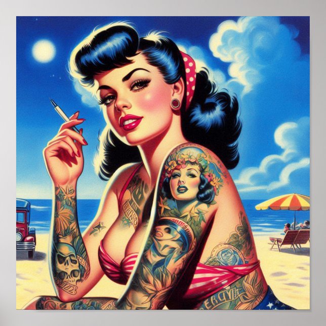 Affiche Épinglette d'été rétro tatouée Bikini (Devant)