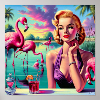 Affiche Épinglette Flamant Rétro Pin-Up
