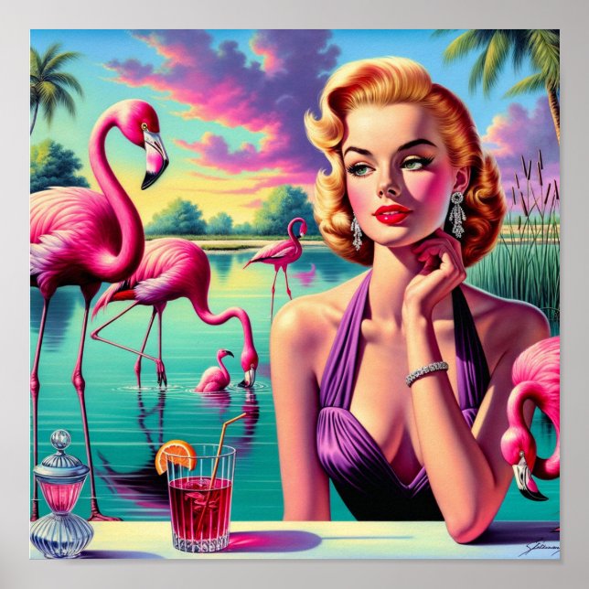 Affiche Épinglette Flamant Rétro Pin-Up (Devant)