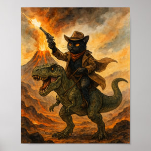 Affiche Épique Cowboy Chat Équitant un Dinosaure – Aquarel