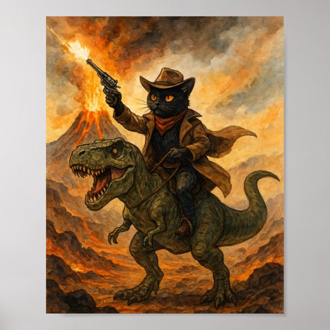 Affiche Épique Cowboy Chat Équitant un Dinosaure – Aquarel (Devant)