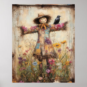 Affiche Épouvantail d'art populaire coloré avec des fleurs