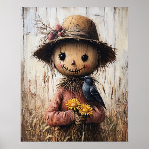 Affiche Épouvantail fantaisiste tenant des tournesols