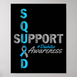 Affiche Équipe de soutien T1d T2d Diabetes gris bleu ruban