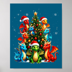 Affiche Équipe du sapin de Noël dragon chapeau de Père Noë
