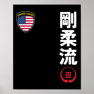 Affiche Équipe Karate Goju Ryu Usa Drapeau Kanji Marti jap
