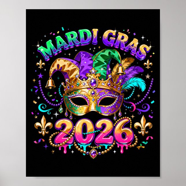 Affiche Équipe Mardi Gras 2026 Masque de Carnaval Perles D (Devant)