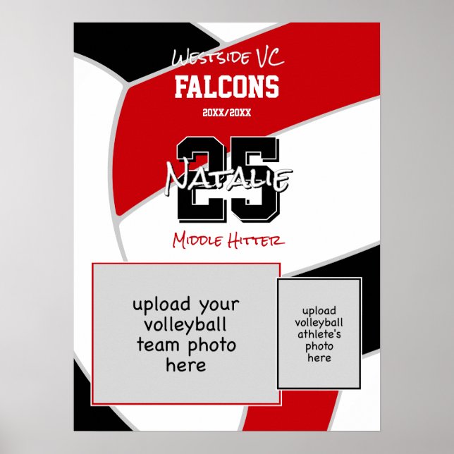Affiche équipe rouge noir couleurs volleball équipe photo (Devant)