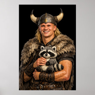 Affiche Erling Haaland Viking tenant un Raton laveur empai