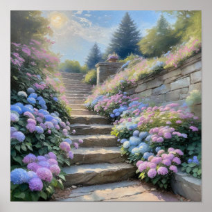 Affiche Escalier de jardin en pierre avec hydrangeas roman