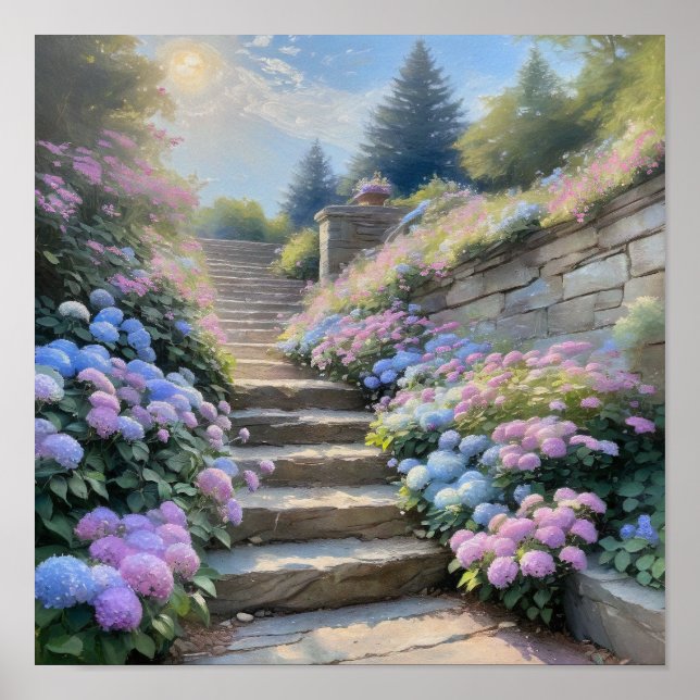 Affiche Escalier de jardin en pierre avec hydrangeas roman (Devant)