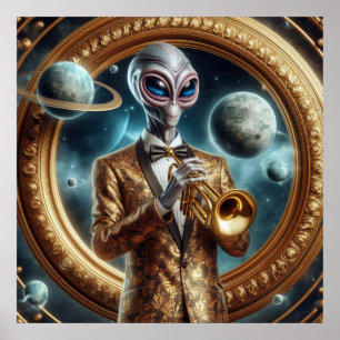 Affiche Espace Alien Homme Jouer Trumpet Fancy Jacket