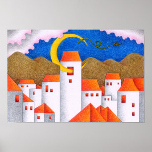 Affiche Espace étrange, une ville au clair de lune croissa