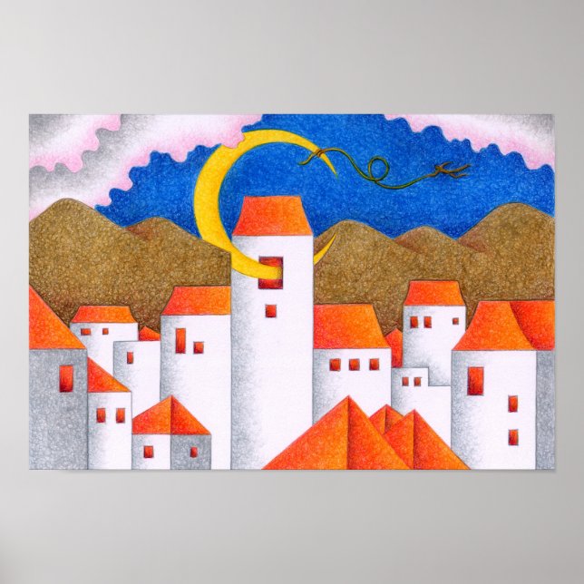 Affiche Espace étrange, une ville au clair de lune croissa (Devant)