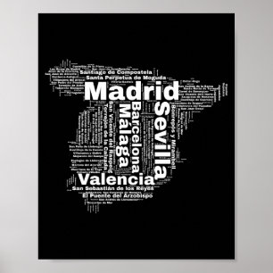 Affiche espagne carte mot nuage avec noms de villes