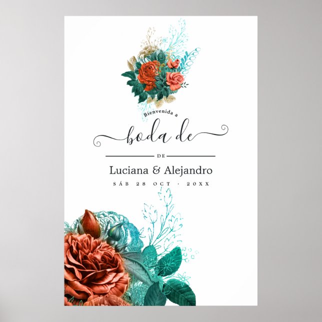 Affiche Espagnol Turquoise et Coral Floral Mariage Bienven (Devant)