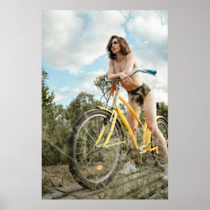 Affiche Esprit d'aventure - Femme à vélo jaune