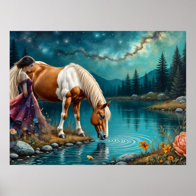 Affiche Esprit de femme et cheval Palomino à l'eau (Devant)