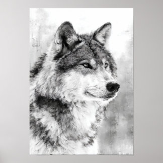 Affiche Esprit de la nature - Loup gris, croquis d'art fin