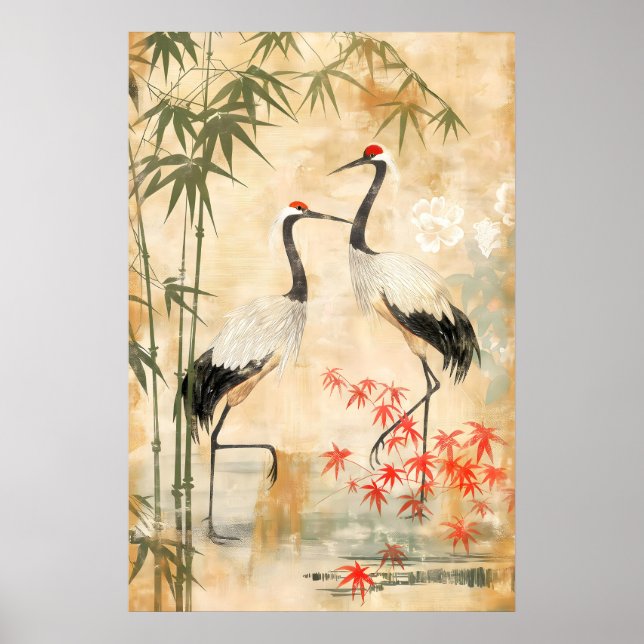 Affiche Estampe d'art de grues japonaises et de bambou tex (Devant)
